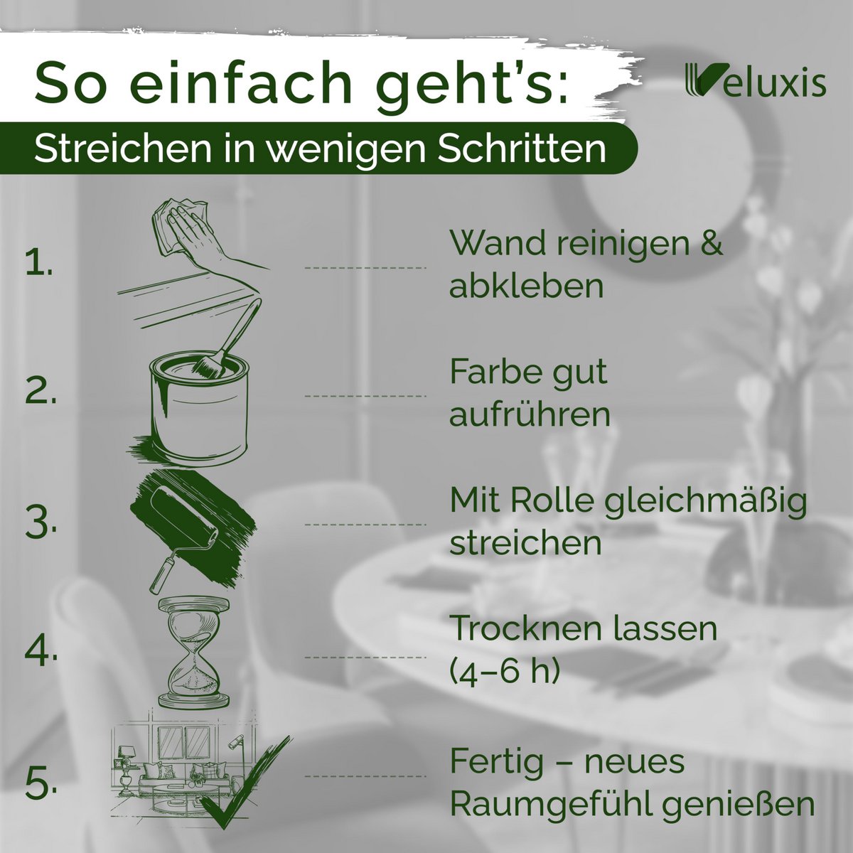 Veluxis® Wandfarbe Schwarz für den Innenraum - 5 Liter & Deckkraft-Klasse 1, Streifenfrei, tropfarm & Öko Farbe, VOC-frei - (Casual Caviar)