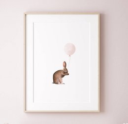 Bunny with pink balloon poster, bunny poster, balloon poster, cute bunny poster, pink girls room poster, cute bunny print, girls nursery art print, girls room