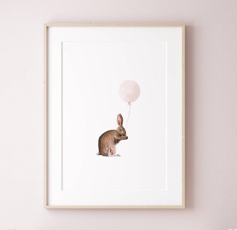 Bunny with pink balloon poster, bunny poster, balloon poster, cute bunny poster, pink girls room poster, cute bunny print, girls nursery art print, girls room