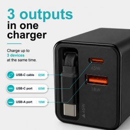 Cargador GaN de 65W con cable USB-C retráctil – NOVOTECK C-024