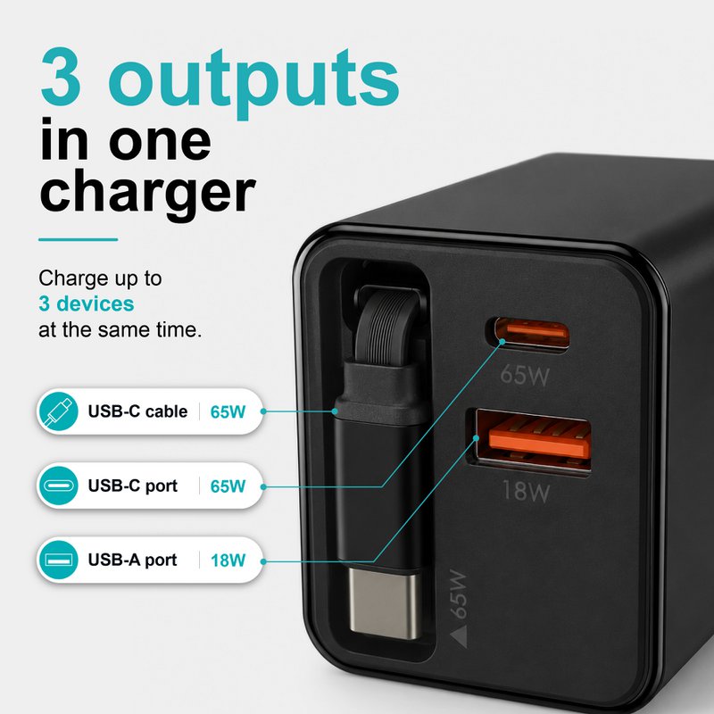 Cargador GaN de 65W con cable USB-C retráctil – NOVOTECK C-024