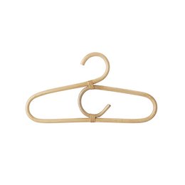 Natural rattan clothing hanger with curved design for hanging clothes.