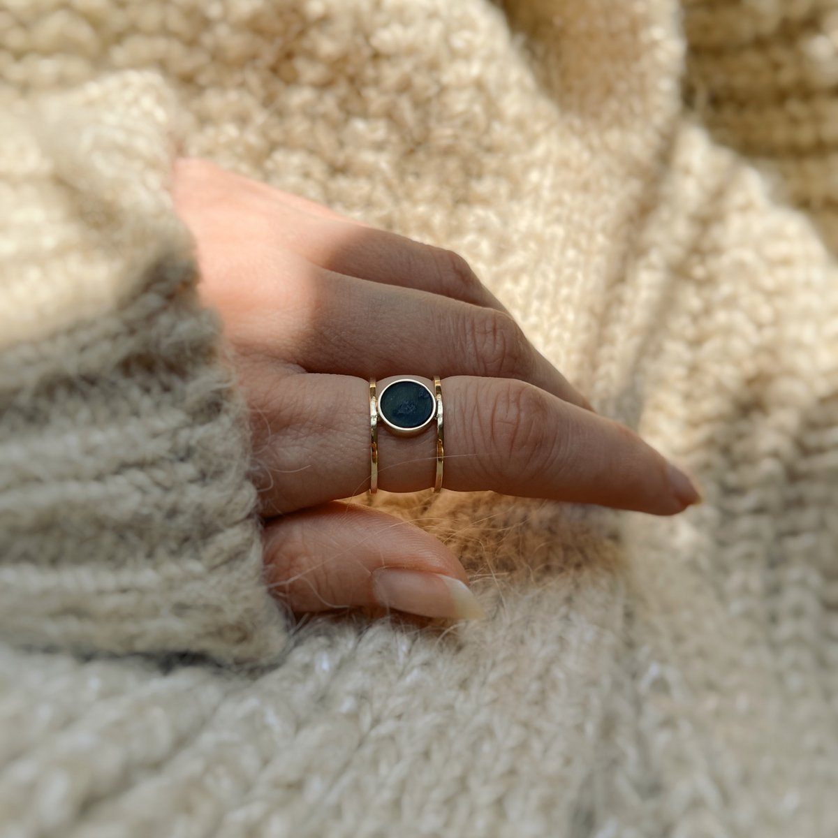 Statement double ring with green stone nephrite