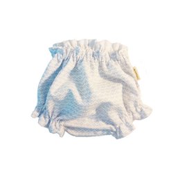 Blue and white striped culotte pants, ruffled elastic waistband, lightweight cotton fabric, kids clothing.