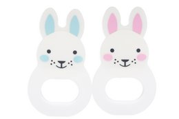Soft, plush white bunny teething toy with pastel-colored ears. Designed to soothe baby's gums during teething.