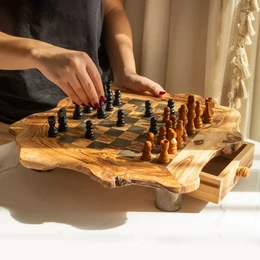 Rustic Olive Wood Chess Set with Storage – Handmade Board Game
