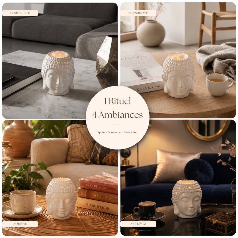 Brûle-Parfum Céramy Bouddha Dhyana Blanc - Atmosphère Parfumée - Objet artisanal Zen -Aromathérapie facile - Brûleur Fondant parfumé - Déco FengShui - Tête Bouddha