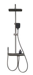 A tall, modern shower column with a thermostatic control panel, LED display, and 4 water outlet modes. The shower column features a sleek, minimalist design in a dark finish.