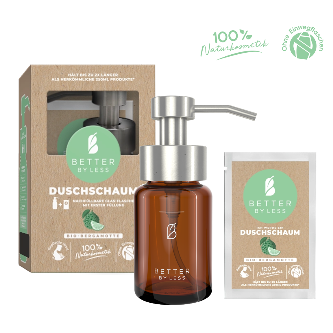 Pianka pod prysznic - zestaw startowy - butelka z organicznej bergamotki / srebrna głowica pompy