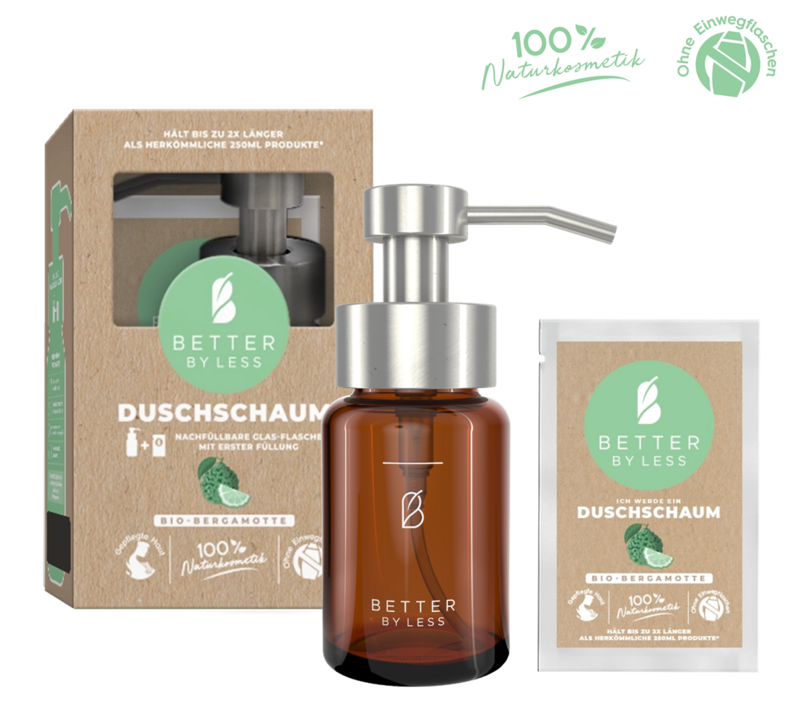 Pianka pod prysznic - zestaw startowy - butelka z organicznej bergamotki / srebrna głowica pompy