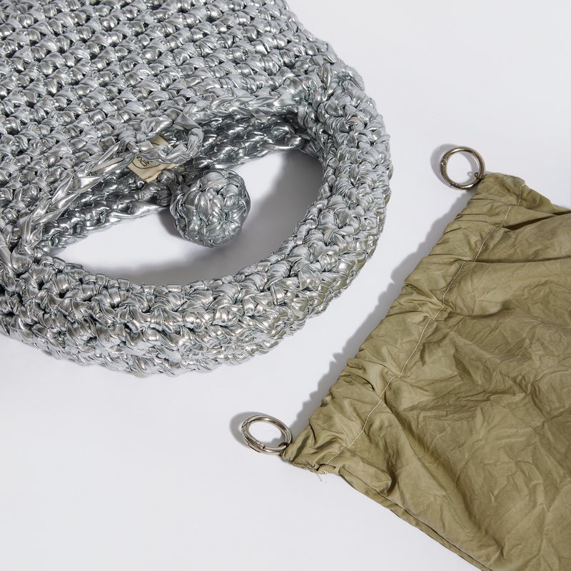 “Kalliopi metallics” crochet handbag with extra crossbody strap silver