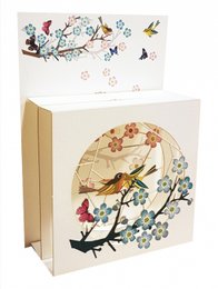 A decorative greeting card box featuring a colorful floral and bird design. The box has a rectangular shape and is made of sturdy cardboard material. The design includes a variety of flowers, leaves, and a perched bird against a light background.