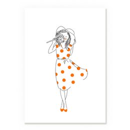 Poster featuring a woman in a red polka dot dress smelling a flower. The image has a whimsical, artistic style.