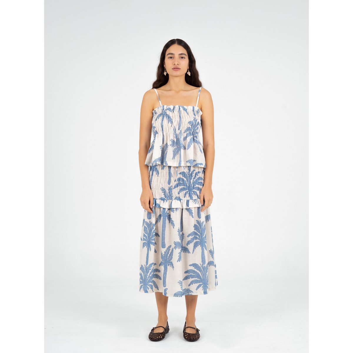Gonna midi in lino smock con stampa palme di Elios