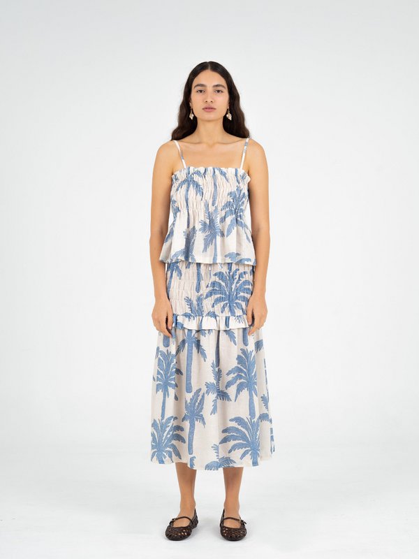 Gonna midi in lino smock con stampa palme di Elios