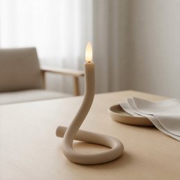 Beige ceramic flexible candle holder with warm LED flame, modern minimalist design.