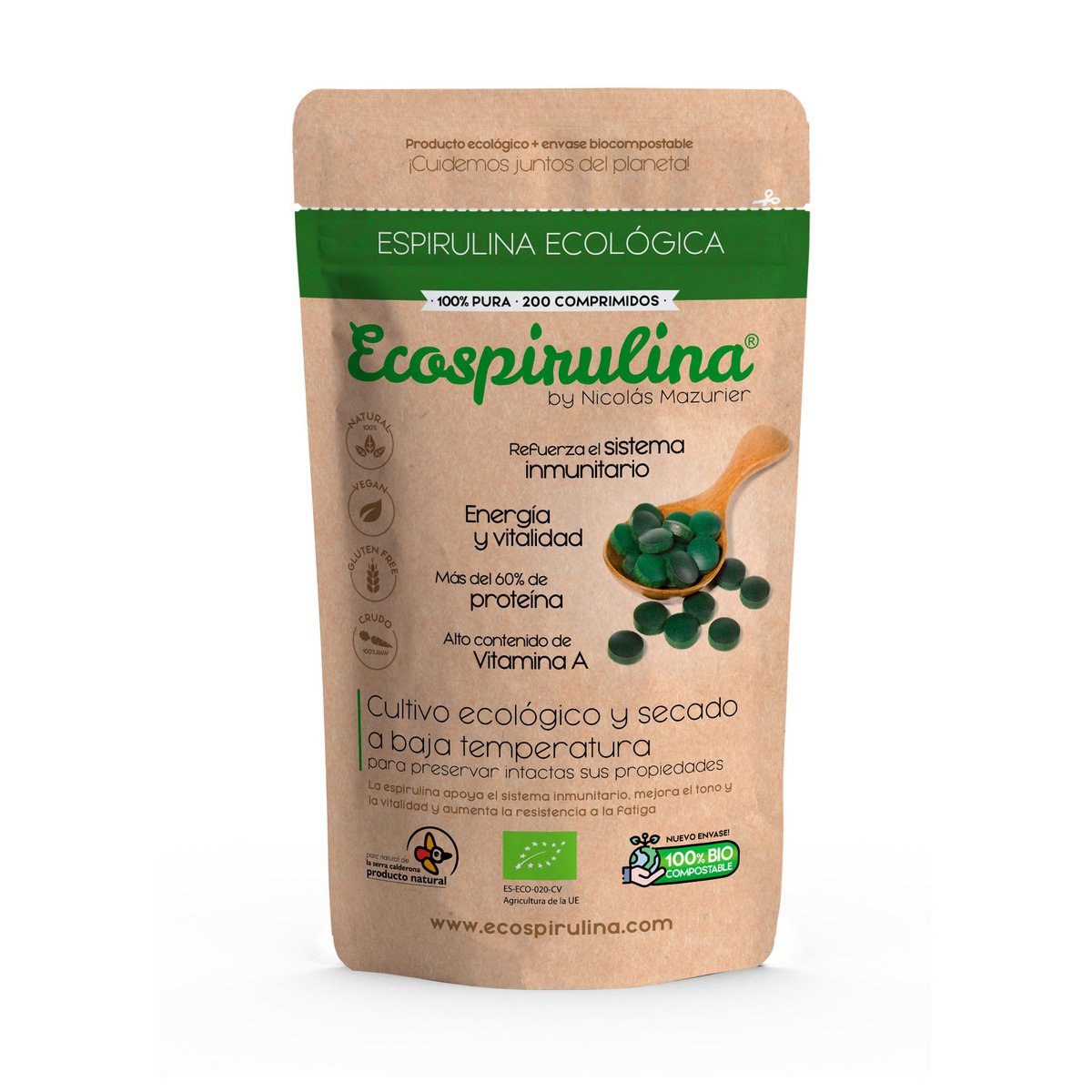 Økologiske Spirulina-tabletter / LAVTEMPERATURE TØRREDE (39ºC)