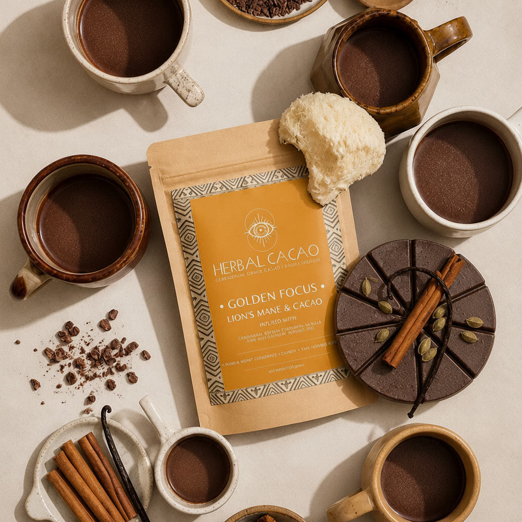 Lion’s Mane & Ceremonial Cacao | Golden Focus (10 pieces)