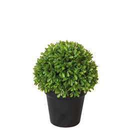 Green artificial boxwood ball plant, round sphere shape, black pot, 18cm diameter, 23cm height, topiary decoration.