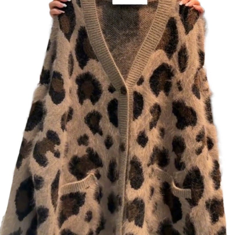 Leopard print tyk varm frakke Løs doven strikket cardigan sweater