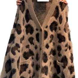 Leopard print tyk varm frakke Løs doven strikket cardigan sweater