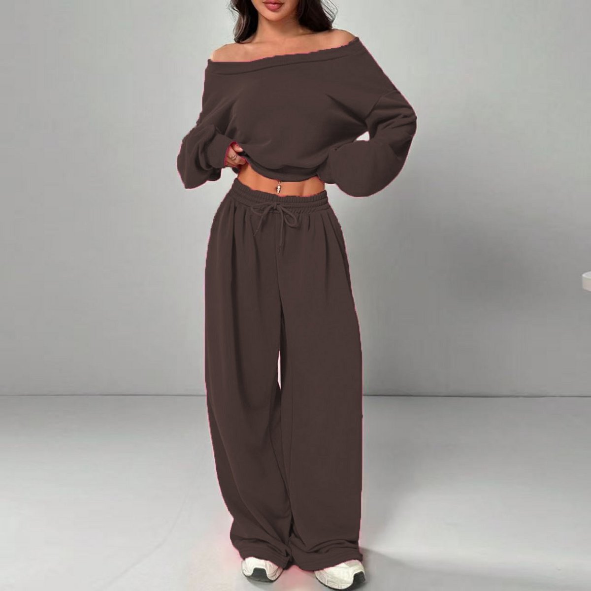Damesmode slim-fit off-the-shoulder navel effen kleur casual broekpak