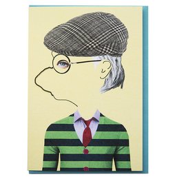 Greeting card featuring a whimsical illustration of a man wearing a plaid cap and striped shirt, with the text "It takes a long time to make it simple" printed below.