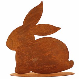 Rustic metal rabbit decoration, brown in color, sitting pose, suitable for indoor or outdoor Easter display.