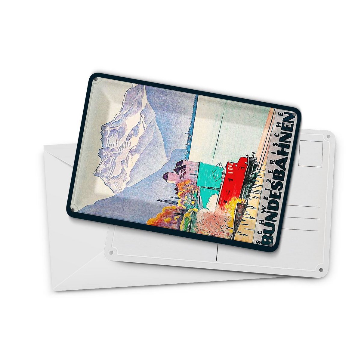 Cartolina in metallo da viaggio 10x14 cm Cartello decorativo delle Ferrovie Federali Svizzere montagne lago