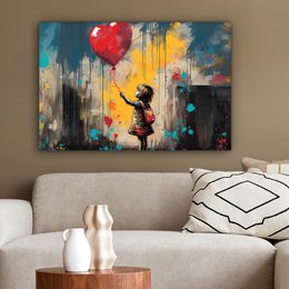 Canvas schilderij  - Wanddecoratie Meisje - Ballon - Hart - Graffiti - Muurdecoratie woonkamer - Slaapkamer decoratie - Kamer accessoires - Schilderijen op canvas