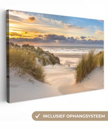 Lærredsmaleri - vægdekorationstrand - klit - græs - solnedgang - hav - vægdekoration stue - soveværelse dekoration - værelse tilbehør - malerier på lærred