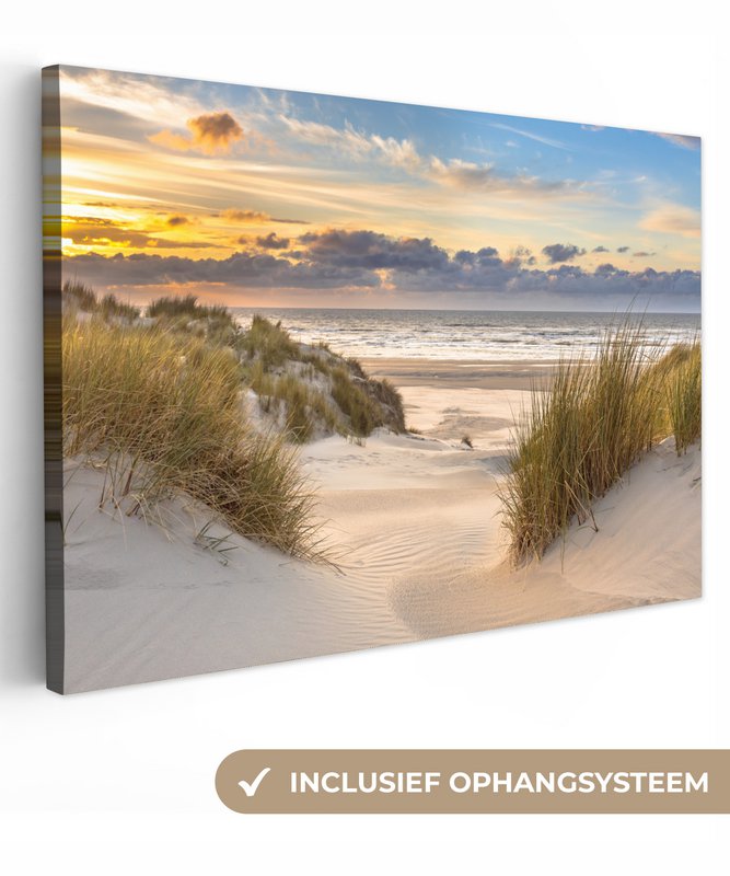 Lærredsmaleri - vægdekorationstrand - klit - græs - solnedgang - hav - vægdekoration stue - soveværelse dekoration - værelse tilbehør - malerier på lærred