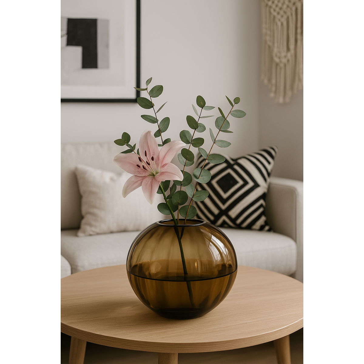Glass vase round grooves brown vase glass handmade ball vase