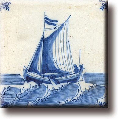 Kühlschrankmagnet, blaue Delfter Fliese, Segelschiff