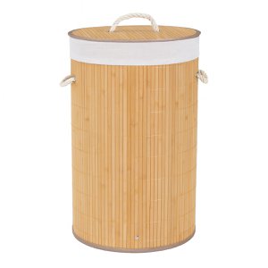 Bamboo laundry basket with lid - 54 liters - Ø35 x 57 cm - foldable laundry basket with rope handles - breathable & durable - washable - brown