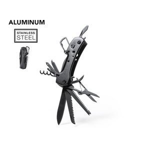 Multifunctioneel mes met accessoires in roestvrij staal met zwarte afwerking. Matching resistent aluminium handvat met geïntegreerde karabijnhaak. 13 functies, inclusief mes, schroevendraaier, bestand, opener en schaar. Opvouwbaar en compact in groot