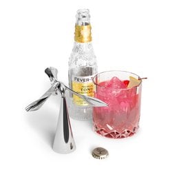 Silver metal balancing bottle opener, novelty bar tool, interactive drinking gadget, fun party accessory