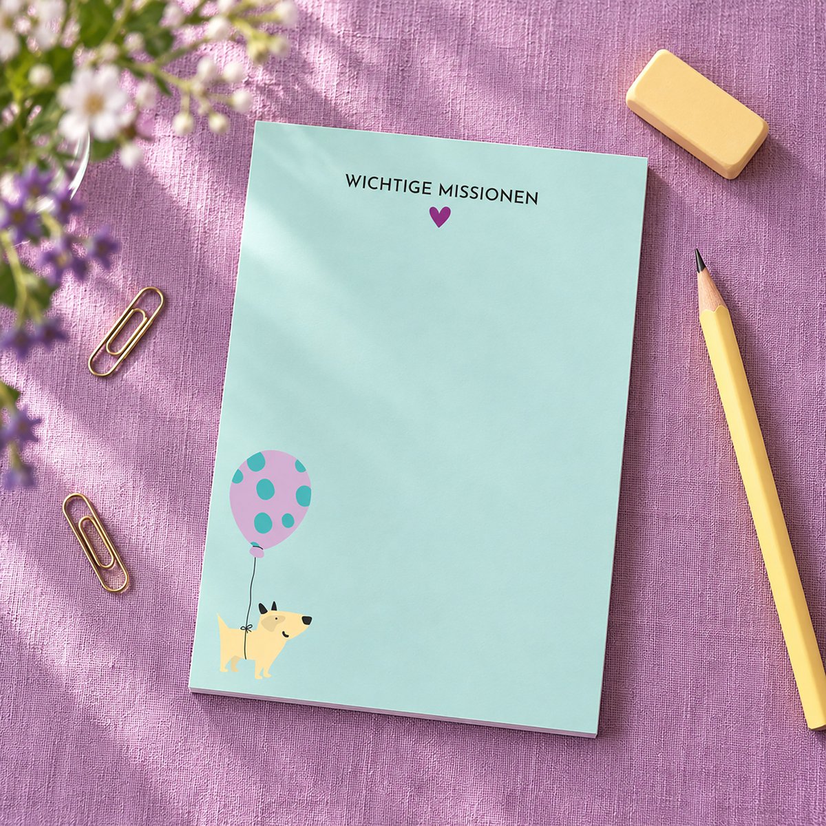 Notizblock A6 Hund „Wichtige Missionen“ - in Mint - 50 Blatt aus Recyclingpapier 