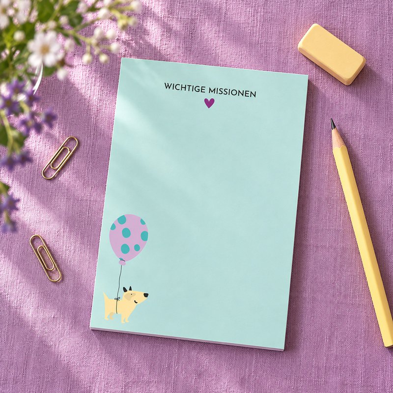 Notizblock A6 Hund „Wichtige Missionen“ - in Mint - 50 Blatt aus Recyclingpapier 