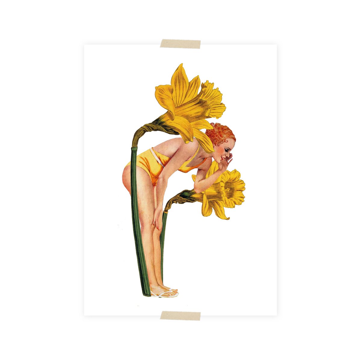 Postal collage dama entre los narcisos