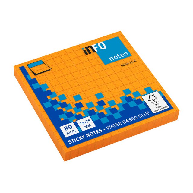 Info notes 75x75mm ruitjes vel oranje 80 blad