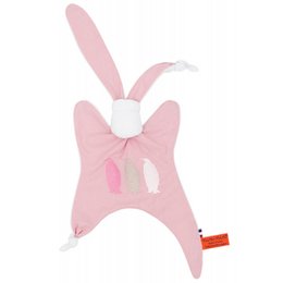 Soft, plush pink penguin toy with long ears and a white belly. Suitable for babies and young children as a comforting blanket or stuffed animal.
