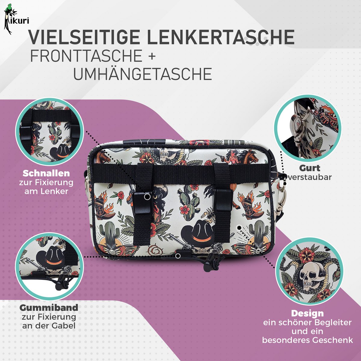 Lenkertasche Fahrradtasche für Lenker mit abnehmbarem Schultergurt Wasserdicht Bike Bag - Cowgirl