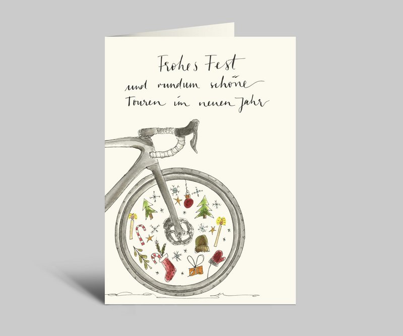 Tarjeta de Navidad para ciclistas de carreras | Felices fiestas | Bicicleta de carreras con adornos navideños.