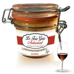 Foie Gras Entier au Porto, a pâté product available in 400g, 80g, and 200g sizes. The product features a rich, creamy texture and a distinct flavor from the addition of port wine.