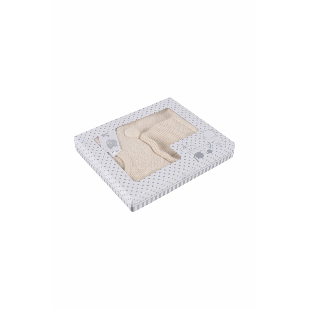 Conjunto Bebé 3 Piezas Punto Textura Crudo con Pompón