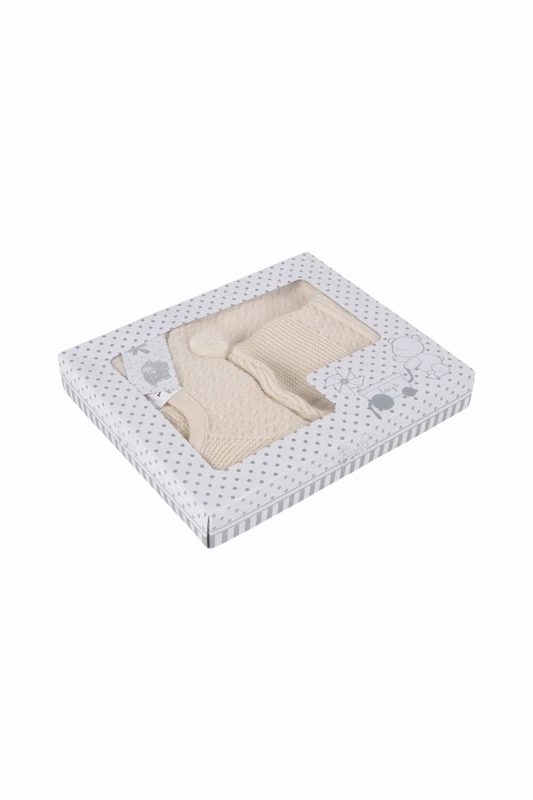 Conjunto Bebé 3 Piezas Punto Textura Crudo con Pompón