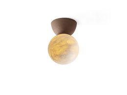 Ceiling lamp with a cone-shaped natural terracotta base and an alabaster or triplex opal globe in various colors including white, blue, beige, green, red, black, yellow, and grey.