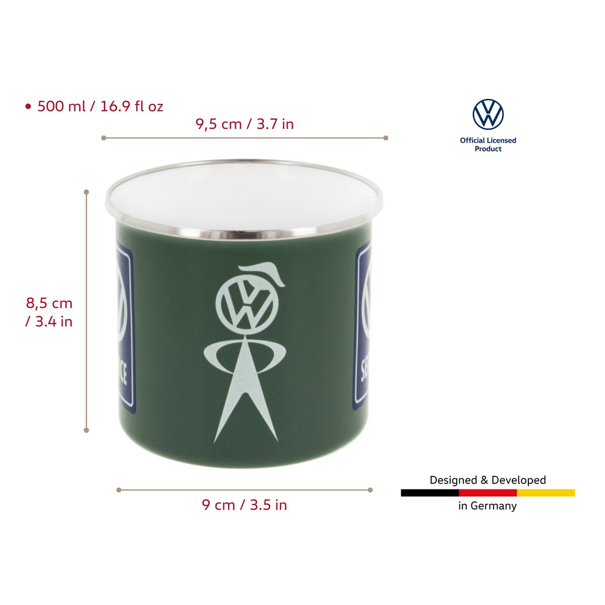 Volkswagen VW T1 Bus Emaillebecher 500 ml in Geschenkbox – Classic Bus/Petrol Blue