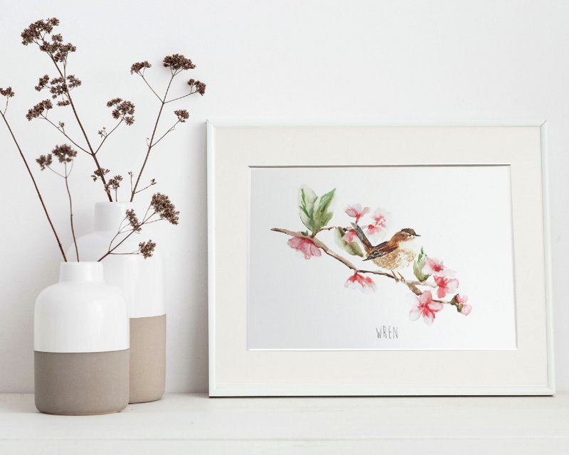 Wren Garden Bird and Blossom Wall Print
